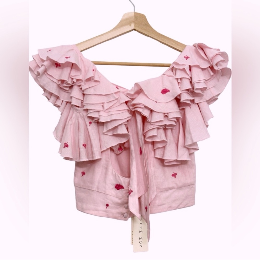 NWT FANM MON Anais Linen Ruffle Embroidered Crop Top in Light pink Size S - Picture 11 of 16